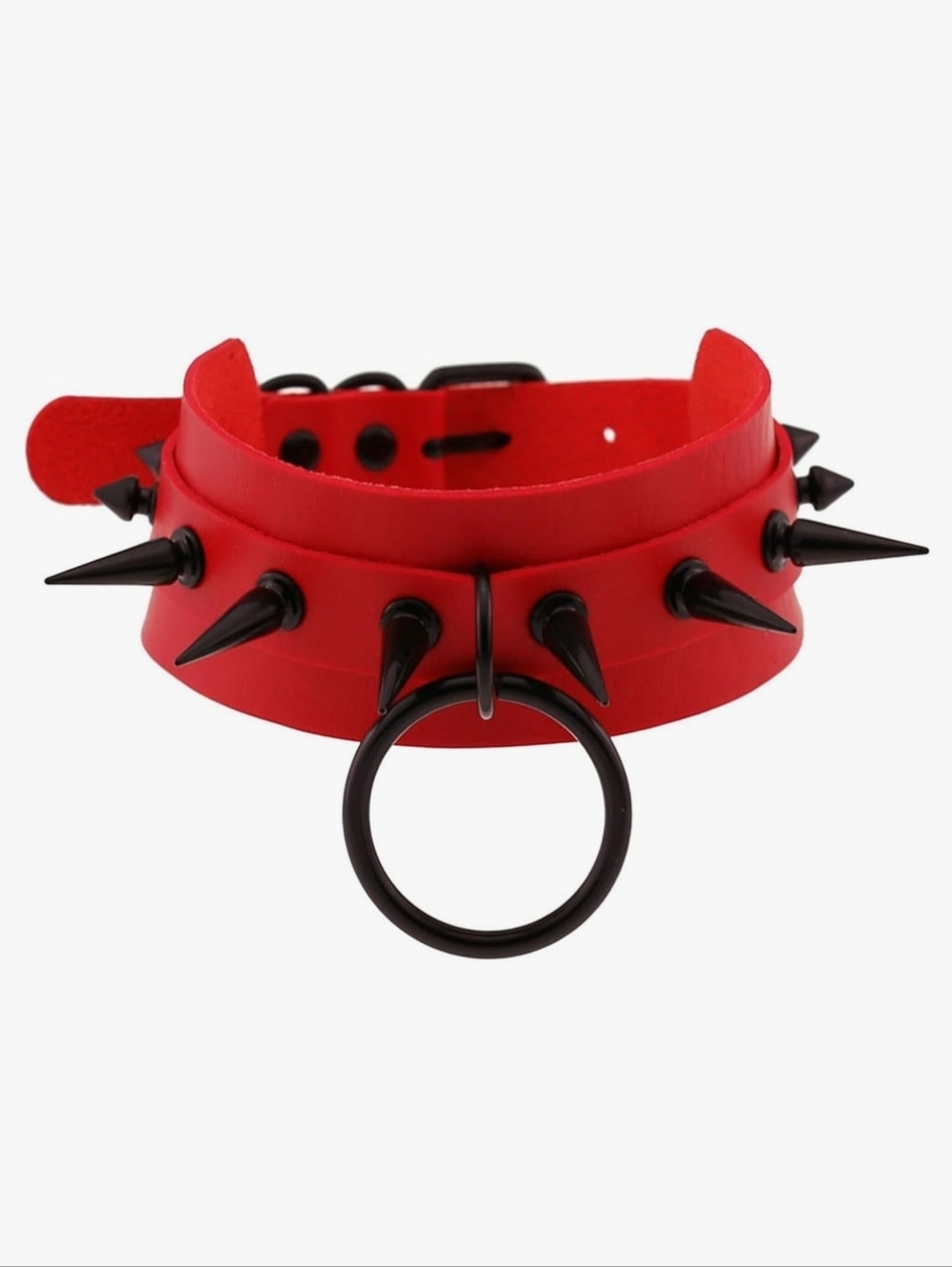 Red Faux Leather Spike Choker Necklace with Black Ring
